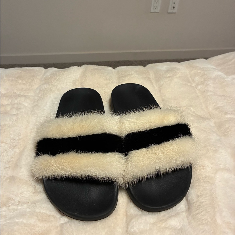 Givenchy Black and Cream Fur Slippers
